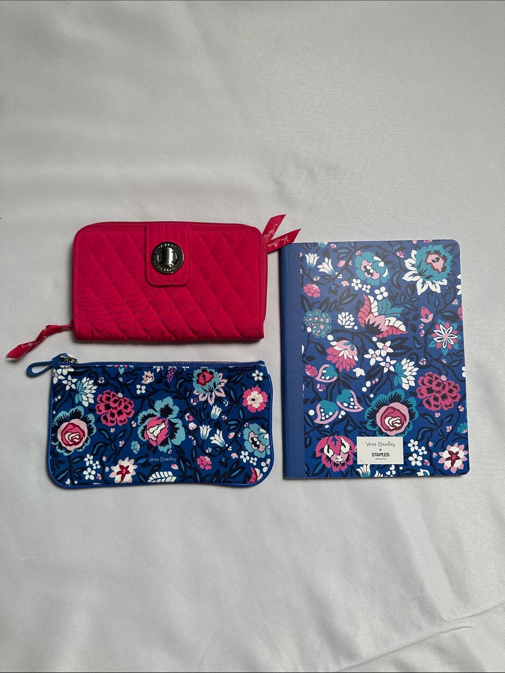 Vera Bradley Pink Quilted Turn Lock Wallet with Navy Floral Notebook & Pouch